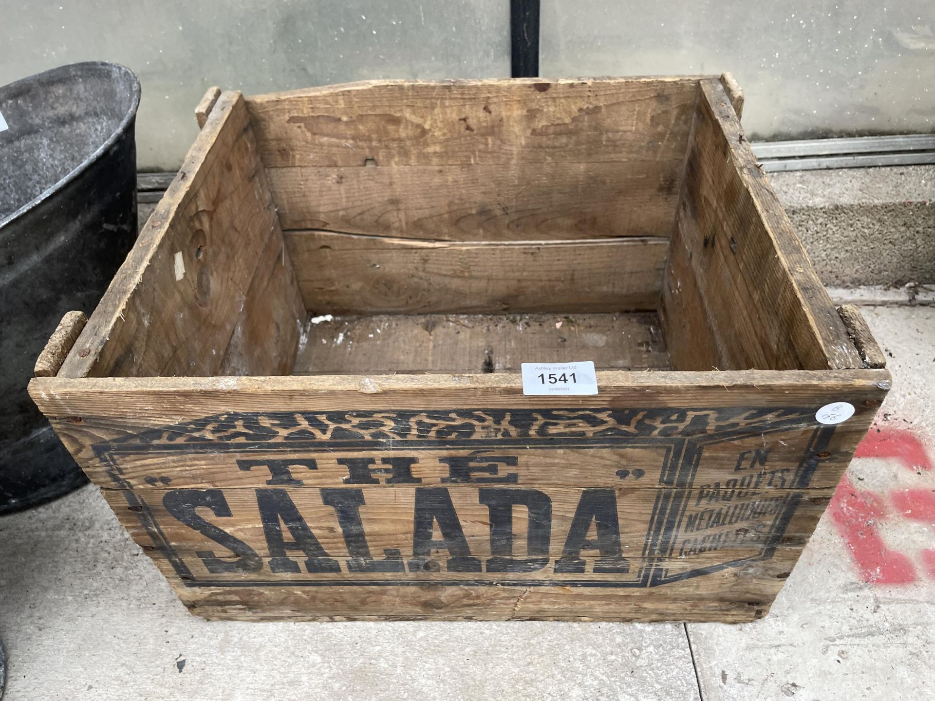 A VINTAGE WOODEN MONOGRAMED 'THE SALADA' CRATE