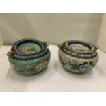 TWO CLOISONNE POTS WITH SWING LIDS