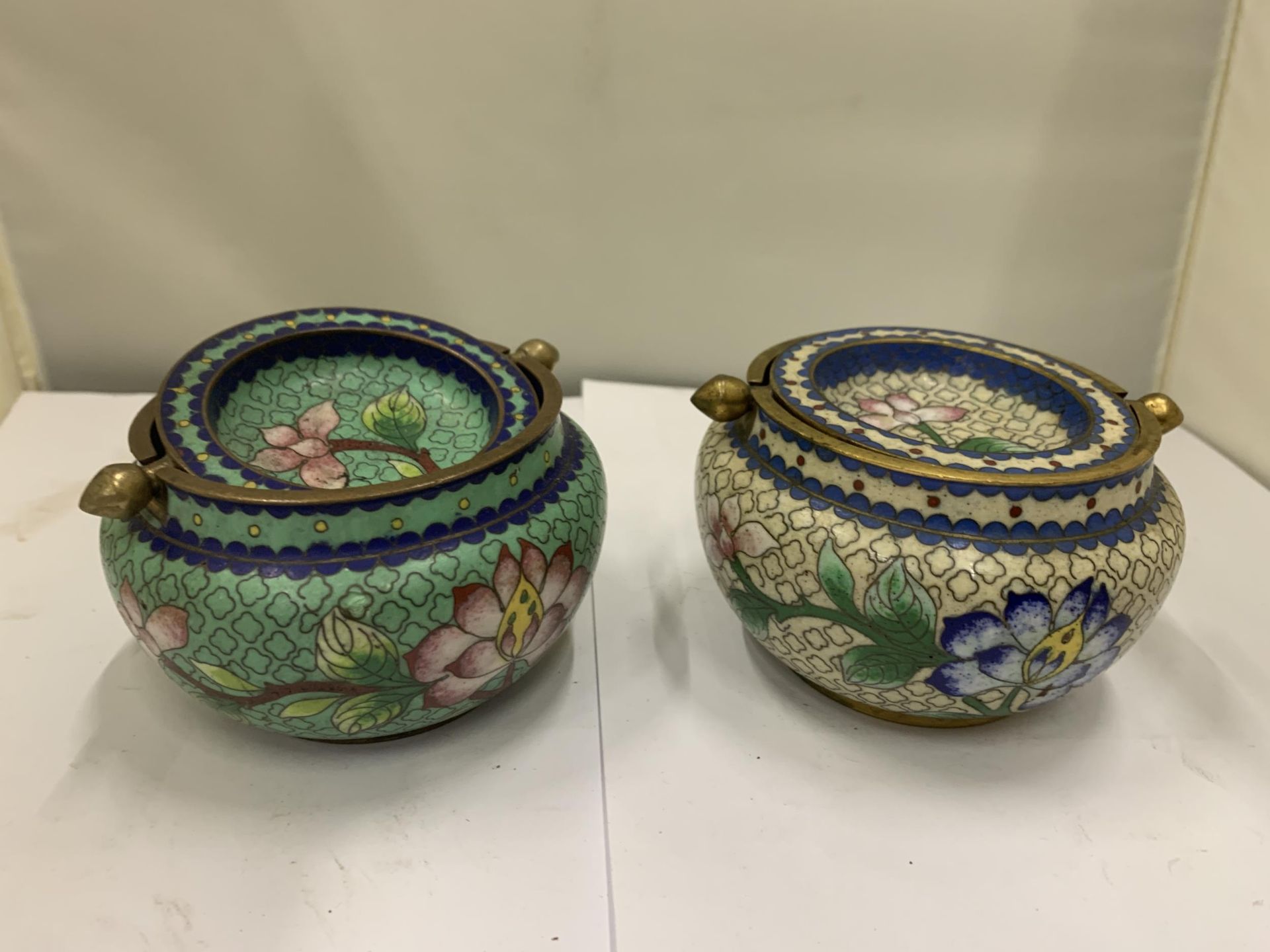 TWO CLOISONNE POTS WITH SWING LIDS
