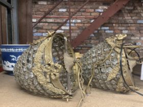 TWO DECORATIVE VINTAGE PENDANT LIGHT FITTINGS WITH CRYSTALS AND GILT DESIGN