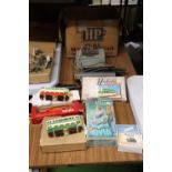 A QUANTITY OF VINTAGE TOYS TO INCLUDE RAILWAY ITEMS, AN AIRFIX, QUEEN VICTORIA KIT, TRAMS, ETC