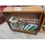 A RETRO TEAK BOOKCASE WITH GLASS SLIDING DOORS 36" WIDE