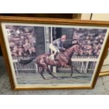 A FRAMED PRINT OF BRIGADIER GERARD AND JOE MERCER BY NEIL CAWTHORNE, 69CM X 55CM