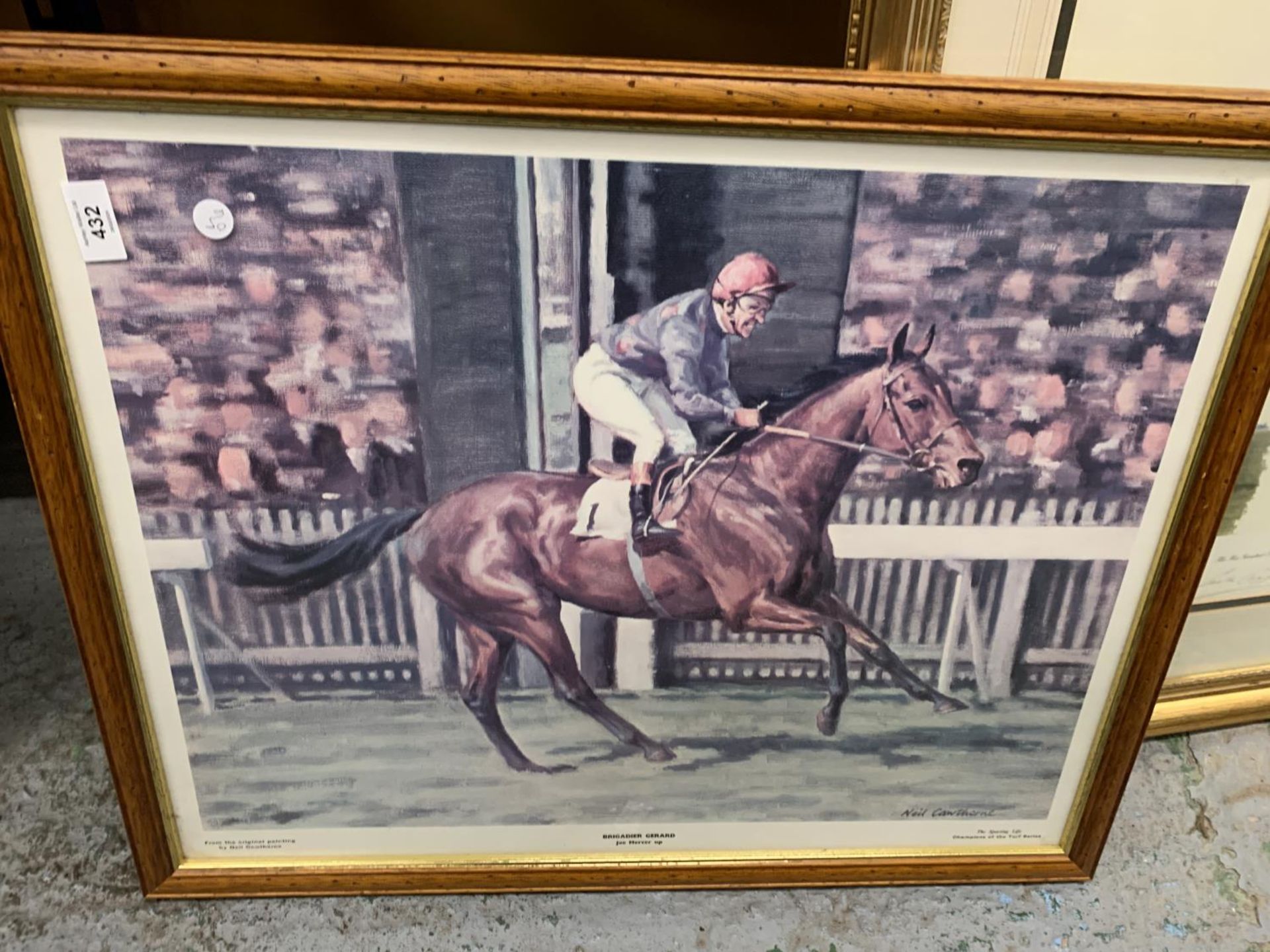 A FRAMED PRINT OF BRIGADIER GERARD AND JOE MERCER BY NEIL CAWTHORNE, 69CM X 55CM