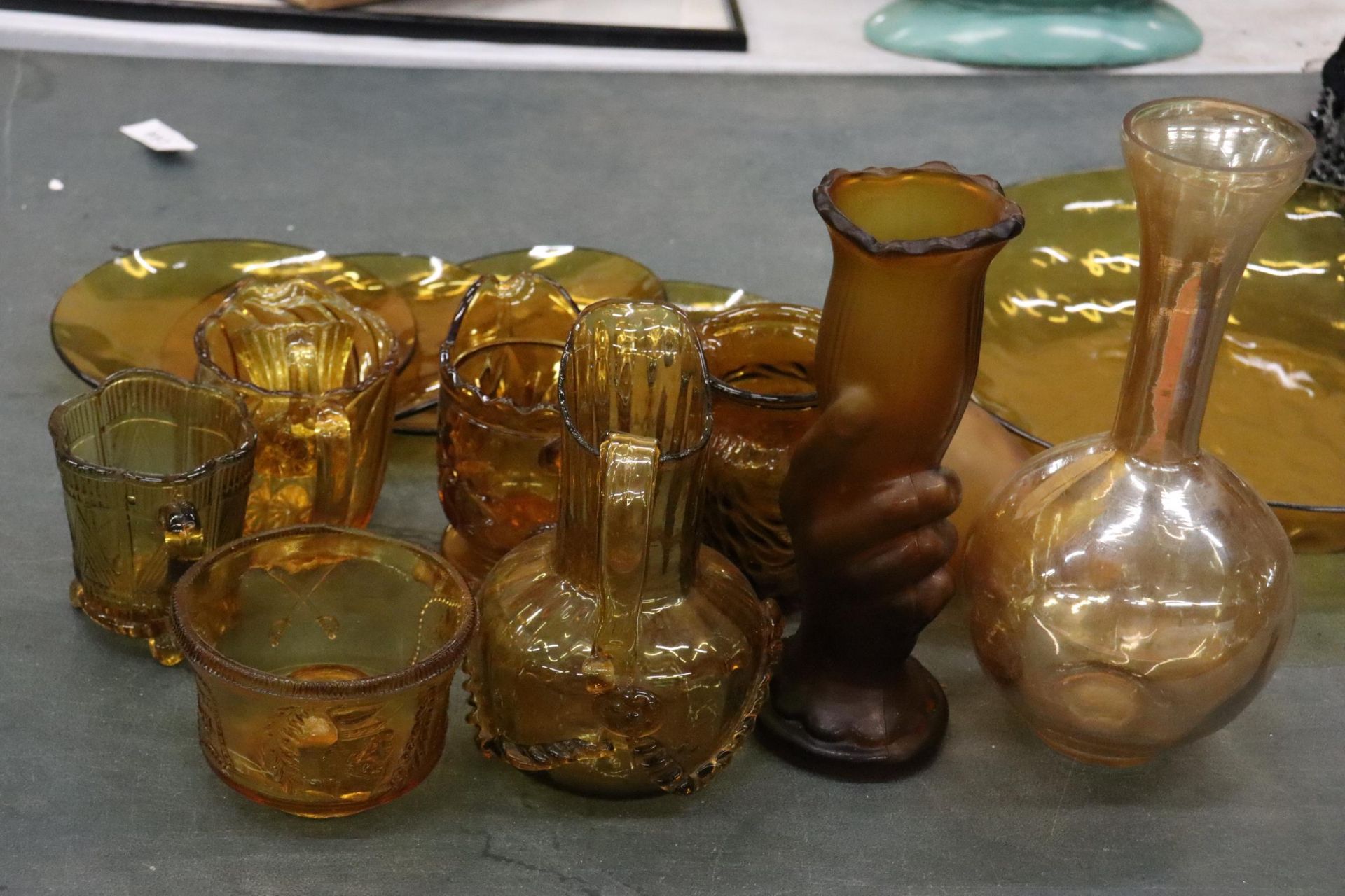 A QUANTITY OF AMBER COLOURED GLASS TO INCLUDE VASES, PLATES, JUGS, ETC., - Image 6 of 11