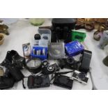 A COLLECTION OF VINTAGE CAMERAS, ETC TO INCLUDE A CONTAX WITH A CARL ZEISS LENS, RICOH AF-5, NIKON