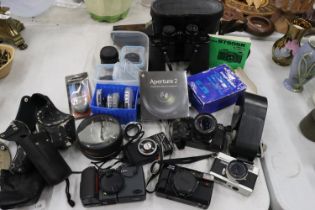 A COLLECTION OF VINTAGE CAMERAS, ETC TO INCLUDE A CONTAX WITH A CARL ZEISS LENS, RICOH AF-5, NIKON