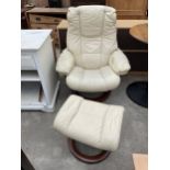 A STRESSLESS EKORNES SWIVEL ADJUSTABLE CHAIR AND STOOL