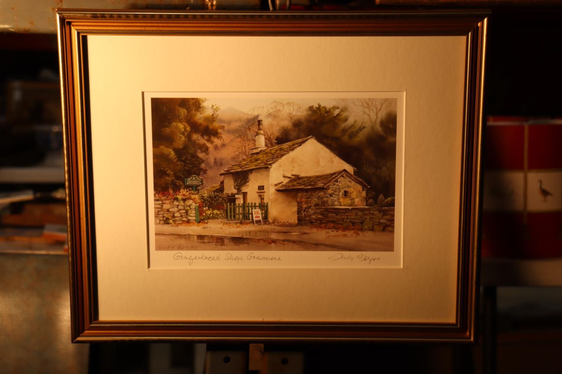 A FRAMED PRINT, 'GINGERBREAD SHOP, GRASMERE, SIGNED JUDY BOYES, 39CM X 32CM - Image 2 of 4