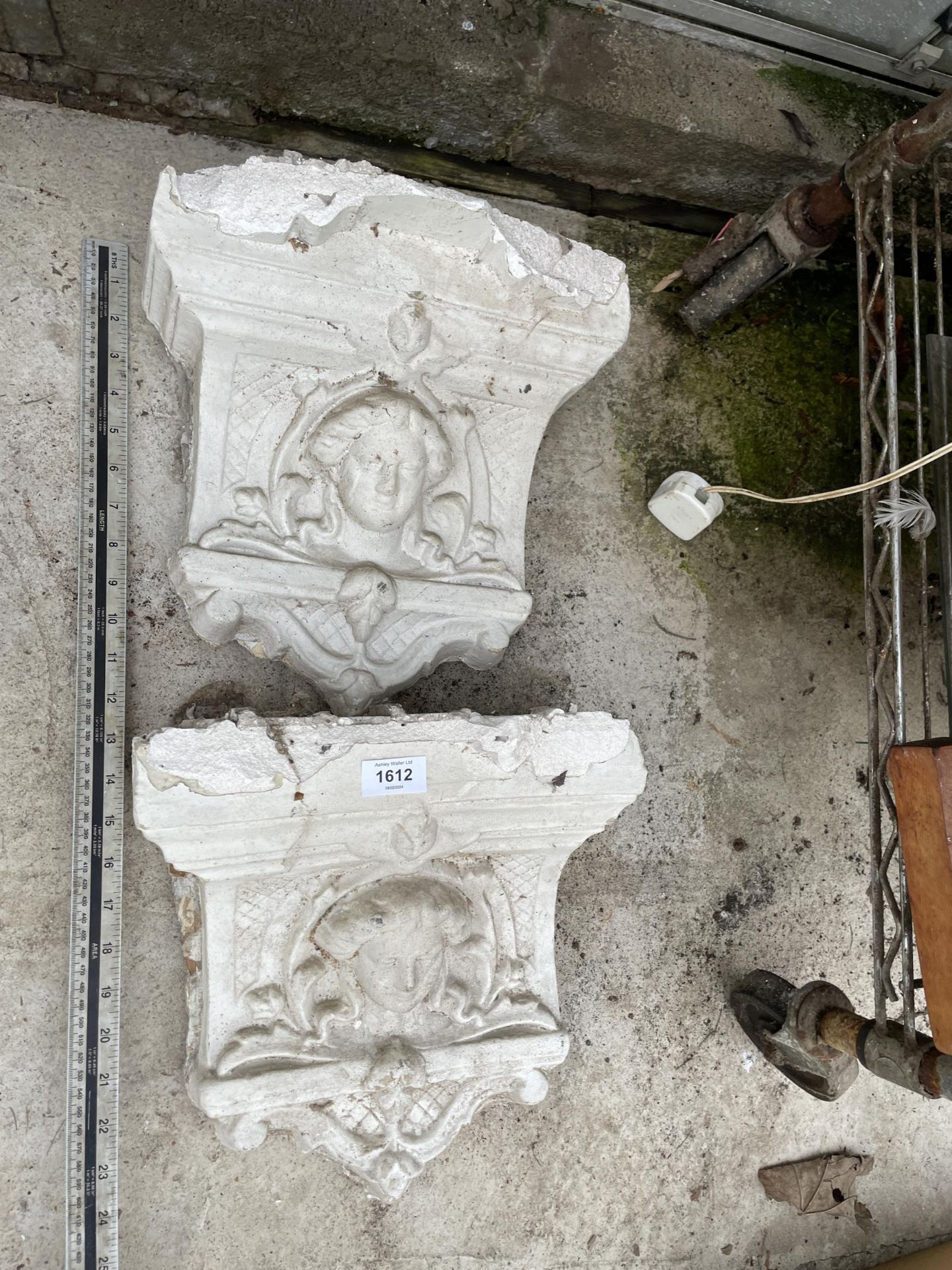 TWO DECORATIVE PLASTER WALL SCONCES (A/F) - Image 2 of 3