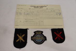 THREE SUBMARINER PATCHES PLUS A TORPEDO ANTI-SUBMARINE HISTORY SHEET