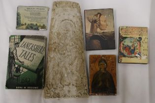A QUANTITY OF ITEMS TO INCLUDE A STONE PANEL WITH RELIGIOUS CARVING, WALL PLAQUES AND A LANCASHIRE