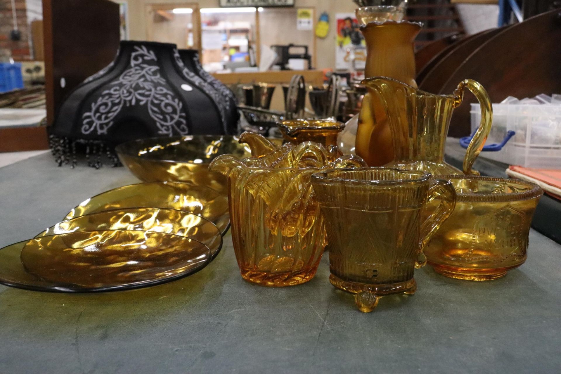 A QUANTITY OF AMBER COLOURED GLASS TO INCLUDE VASES, PLATES, JUGS, ETC., - Image 2 of 11