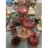 SIX PIECES OF VINTAGE COLOURED GLASSWARE TO INCLUDE CRANBERRY GLASS BON BON DISH ON PEDESTAL, FOOTED