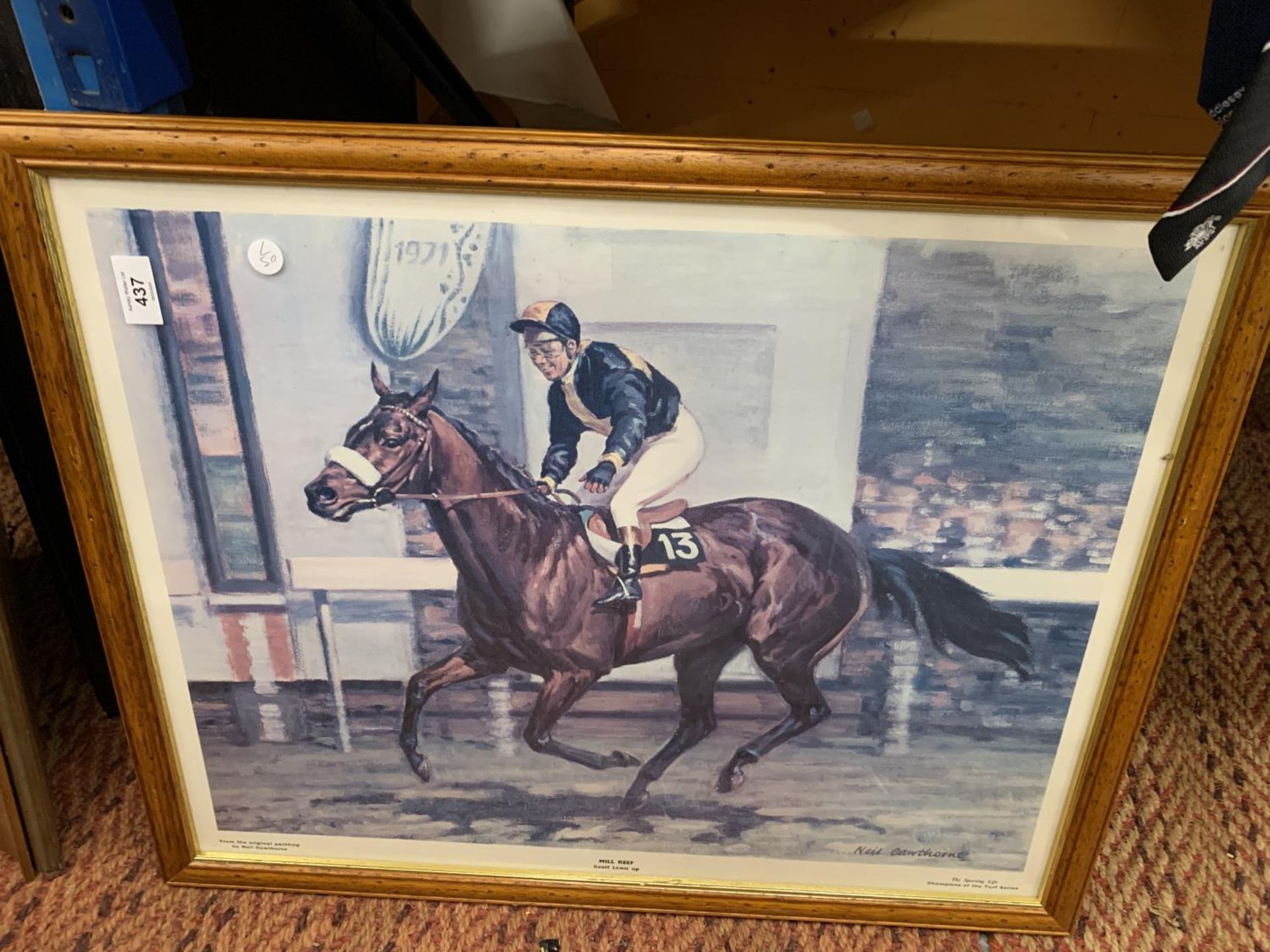 A FRAMED PRINT OF MILL REEF AND GEOFF LEWIS, BY NEIL CAWTHORNE, 69CM X 55CM