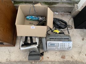 AN ASSORTMENT OF ITEMS TO INCLUDE A POLAROID CAMERA AND A PANASONIC FAX MACHINE ETC