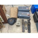 AN ASSORTMENT OF ITEMS TO INCLUDE TWO MOTOR SWITCH BOXES AND THREE WOOD PLANE BOTTOMS ETC