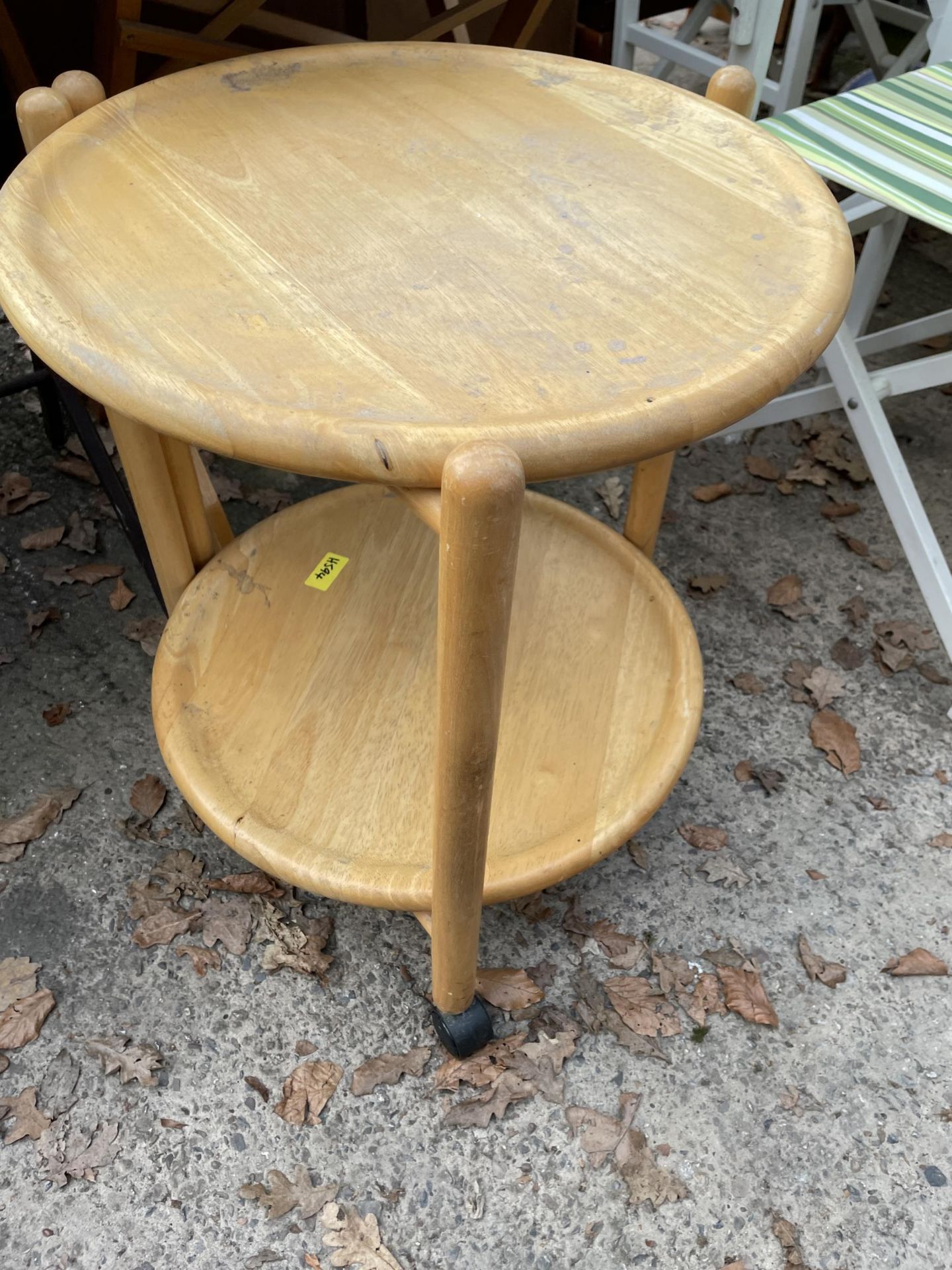 TWO FOLDING CARD TABLES AND 19" DIAMETER TWO-TIER TROLLEY HAVING DETACHABLE TRAYS, ONE BEING A - Image 2 of 3