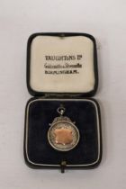 A BIRMINGHAM HALLMARKED SILVER FOOTBALL MEDAL IN ITS ORIGINAL DERBYSHIRE FOOTBALL ASSOCIATION