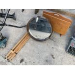 A WOODEN ARTIST EASEL, A MIRROR AND A MAGAZINE RACK