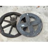 TWO VINTAGE WOODEN AND METAL BANDED WHEELS