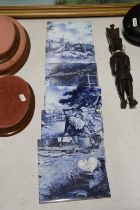 SIX VINTAGE BLUE AND WHITE, FARMING THEMED WALL TILES