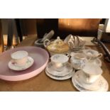 A MIXED LOT TO INCLUDE A RICHMOND "BLUE ROCK" TEASET, PESTAL AND MORTAR, GLASS BOWL, ETC.,