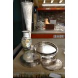 A SILVER PLATED TRAY, PLACE MATS A HUNTING SCENE VASE AND FURTHER VASE