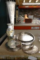 A SILVER PLATED TRAY, PLACE MATS A HUNTING SCENE VASE AND FURTHER VASE