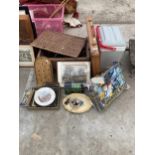 AN ASSORTMENT OF ITEMS TO INCLUDE A WICKER BASKET, BADGES AND A PICNIC TABLE ETC