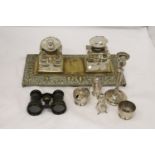 A VINTAGE FOOTED BRASS DOUBLE INK WELL TOGETHER WITH OPERA GLASSES AND VARIOUS SILVER PLATE