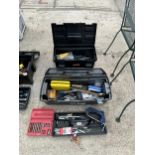 TWO PLASTIC TOOL BOXES WITH AN ASSORTMENT OF TOOLS TO INCLUDE A G CLAMP, HAMMERS AND WIRE BRUSHES