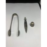 A PAIR OF HALLMARKED CHESTER SUGAR TONGS, A BIRMINGHAM BOOKMARK AND A THIMBLE