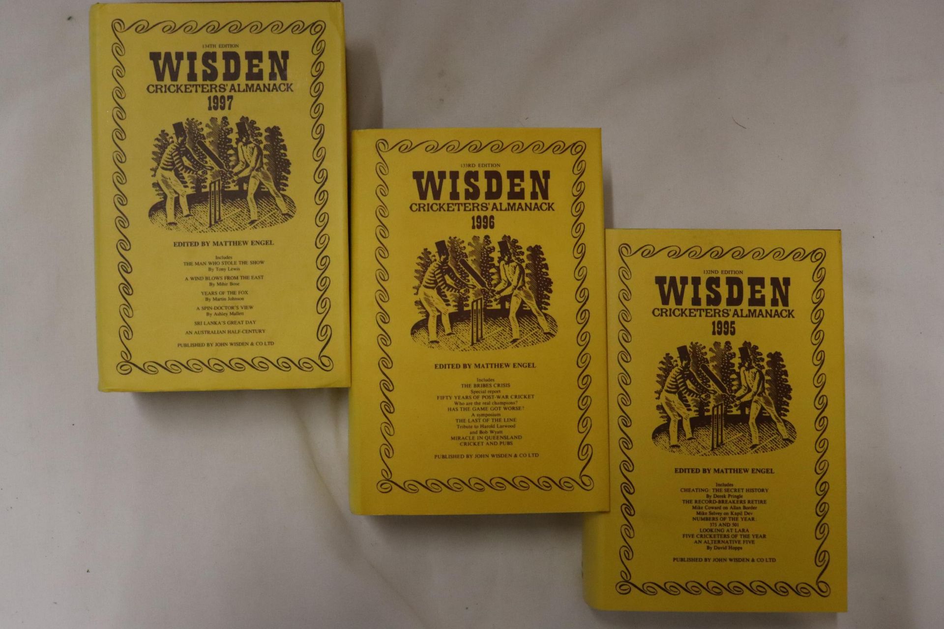 THREE HARDBACK COPIES OF WISDEN'S CRICKETER'S ALMANACKS, 1995, 1996 AND 1997. THESE COPIES ARE IN