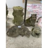 AN ASSORTMENT OF CONCRETE GARDEN FIGURES TO INCLUDE A CAT AND A DOG ETC