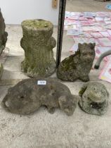 AN ASSORTMENT OF CONCRETE GARDEN FIGURES TO INCLUDE A CAT AND A DOG ETC