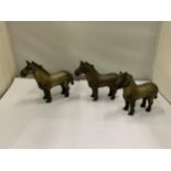 THREE VINTAGE HEAVY BRASS HORSE FIGURES