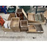 AN ASSORTMENT OF VINTAGE WOODEN BOXES AND DRAWERS ETC