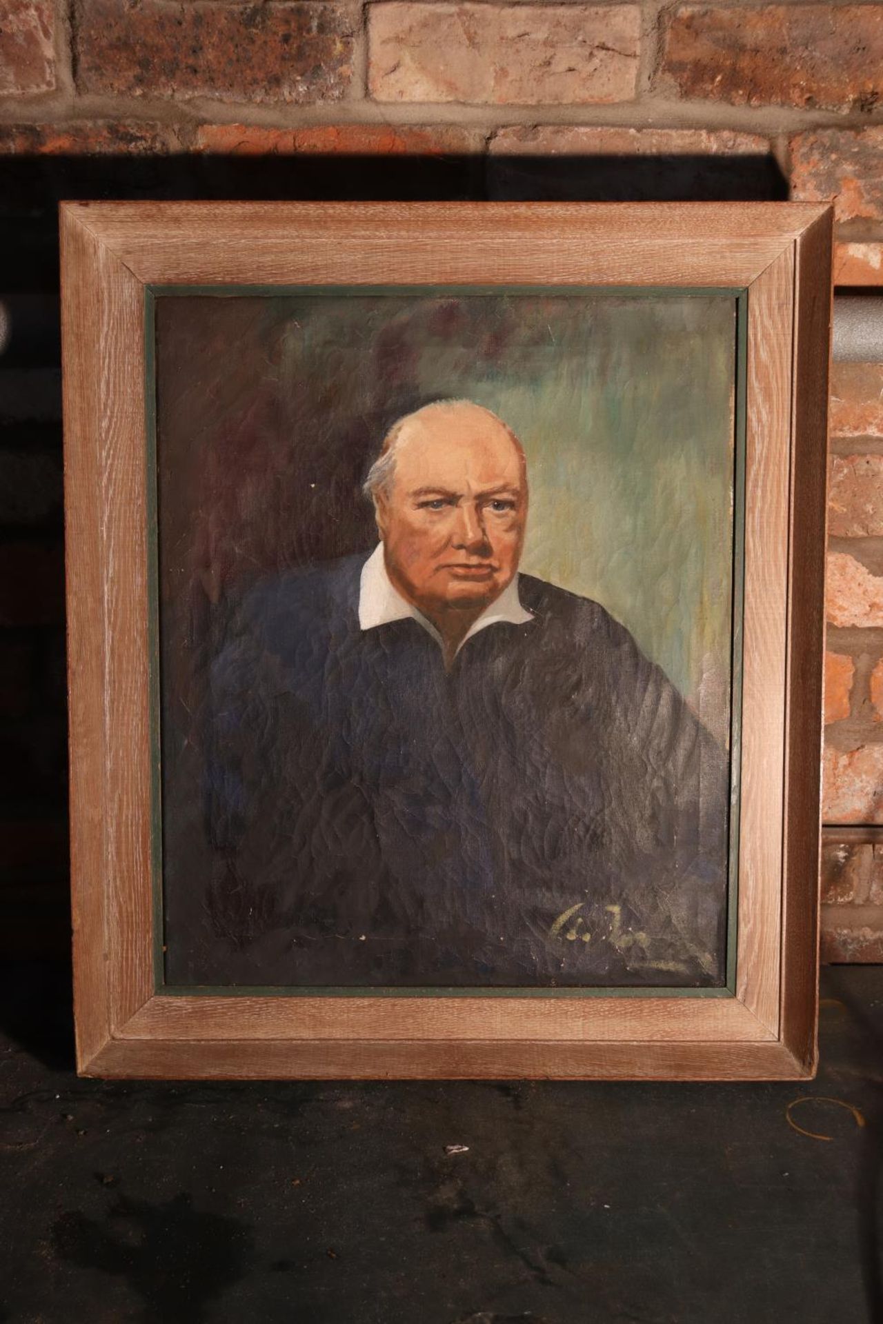 A FRAMED OIL ON CANVAS OF WINSTON CHURCHILL WITH INDISTINCT SIGNATURE, 59CM X 68CM