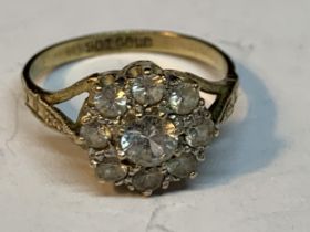 A 9 CARAT GOLD RING WITH A CLUSTER OF CUBIC ZIRCONIAS SIZE M/N