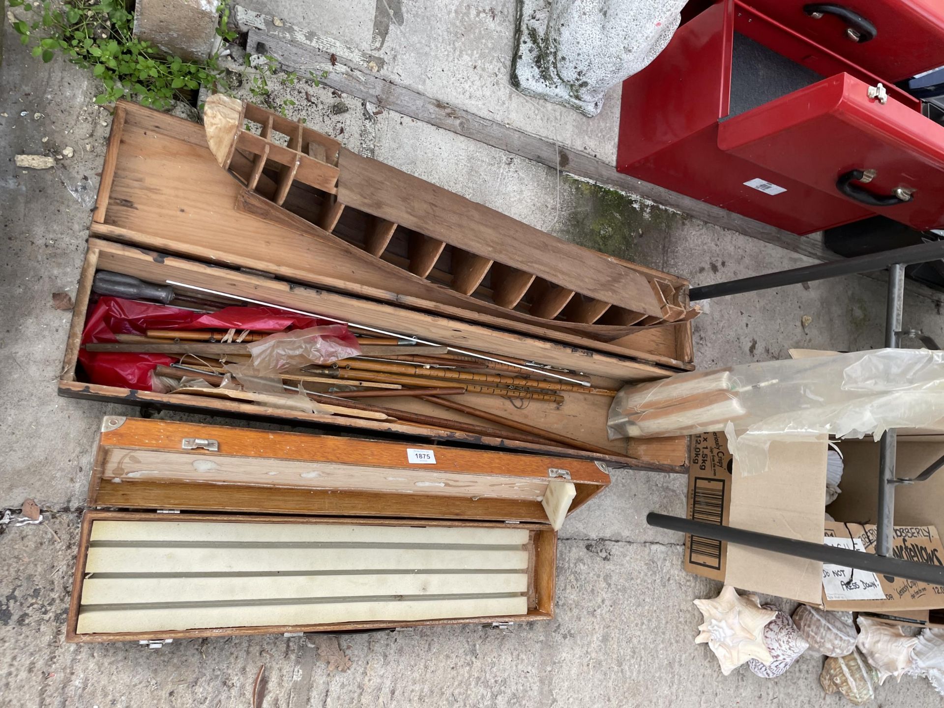 TWO VINTAGE WOODEN BOXES WITH AN ASSORTMENT OF MODEL SHIP ITEMS