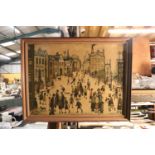 A FRAMED PRINT OF A LOWRY SCENE