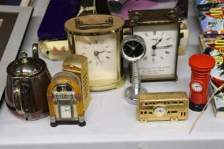 A QUANTITY OF CLOCKS TO INCLUDE TWO CARRIAGE CLOCKS, ONE A SMITHS TO COMMEMORATE PRICE CHARLES AND