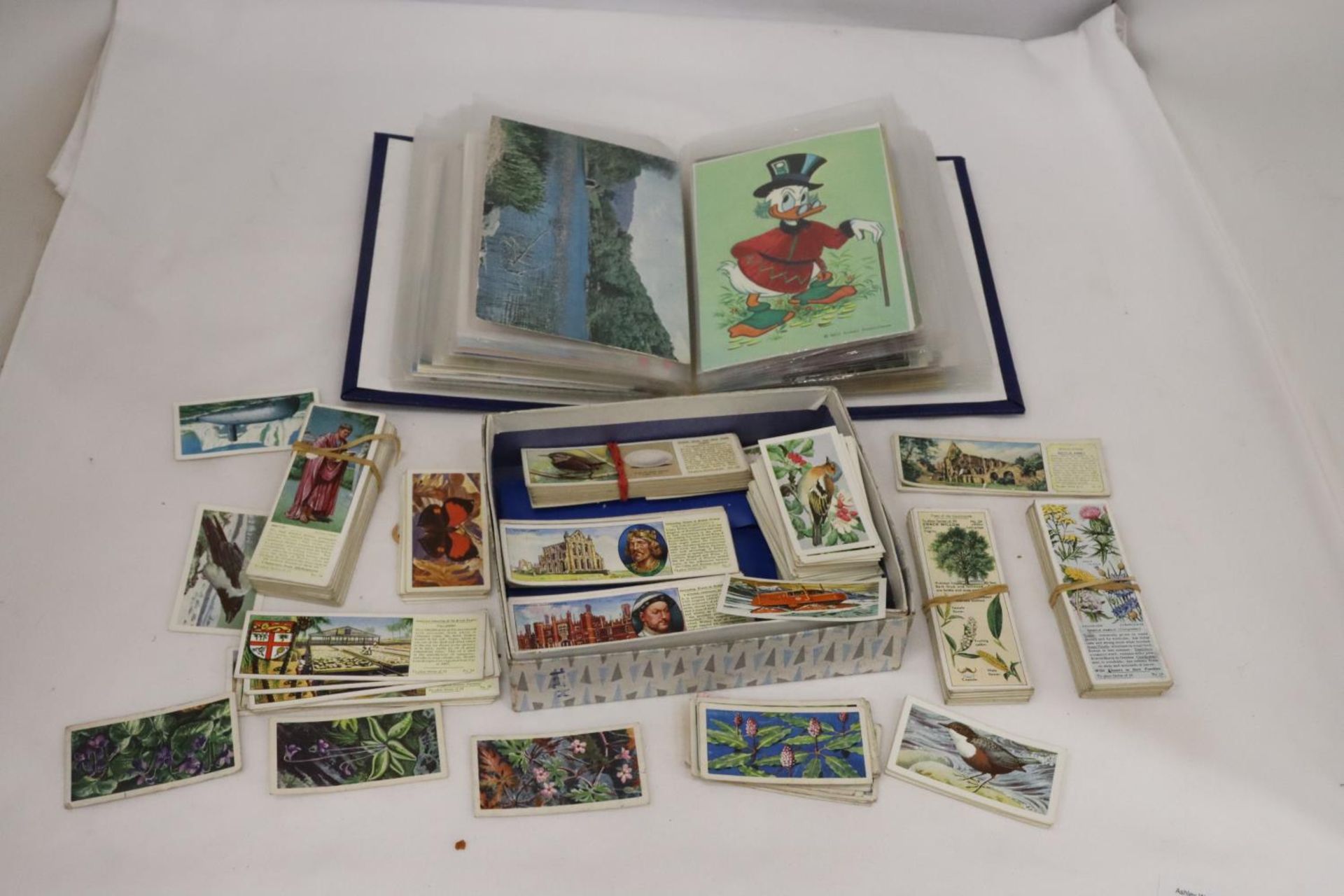 AN ALBUM OF VINTAGE POSTCARDS AND A QUANTITY OF CIGARETTE CARDS