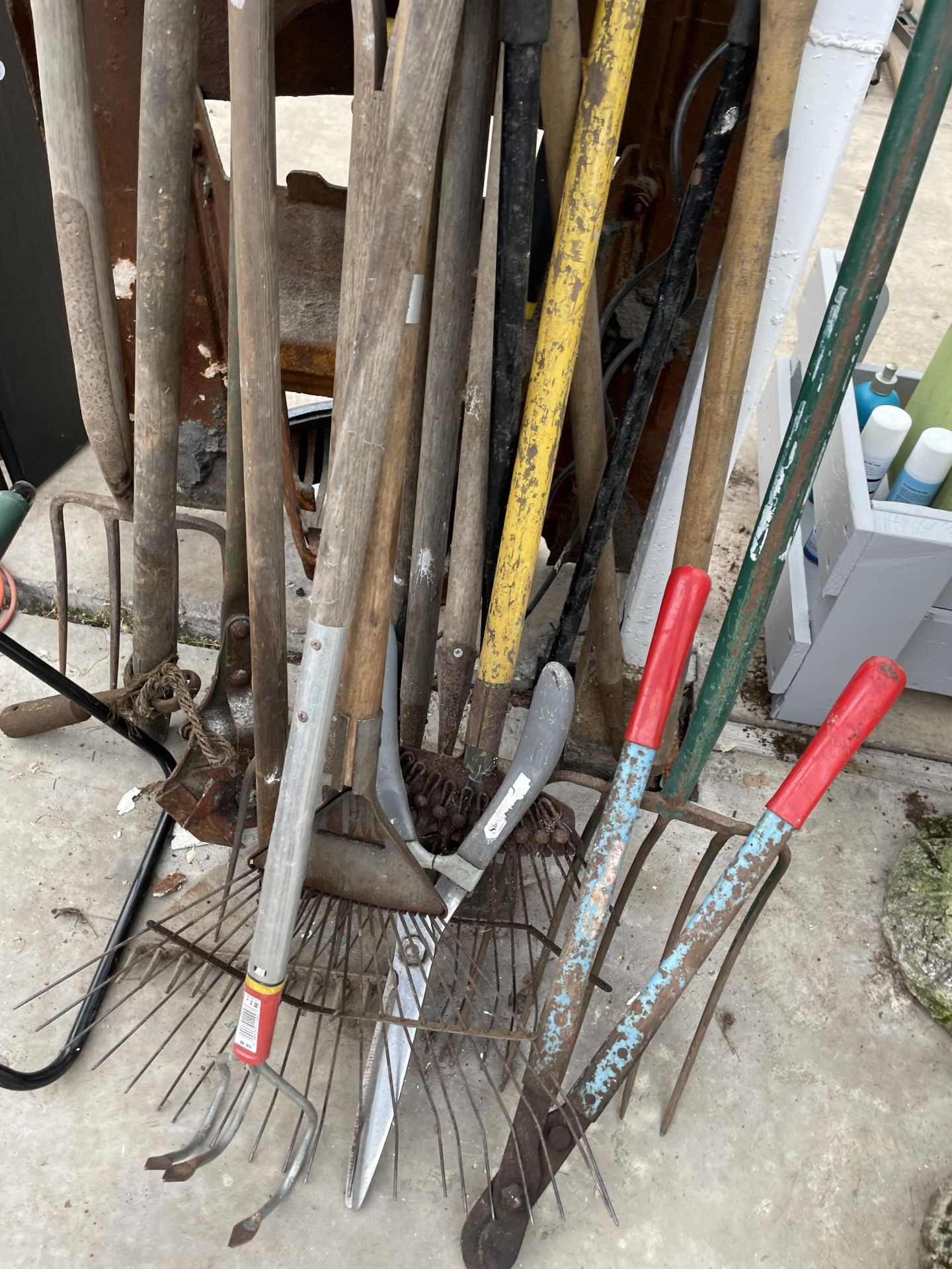 AN ASSORTMENT OF GARDEN TOOLS TO INCLUDE FORKS, RAKES AND SHEARS ETC - Image 2 of 2