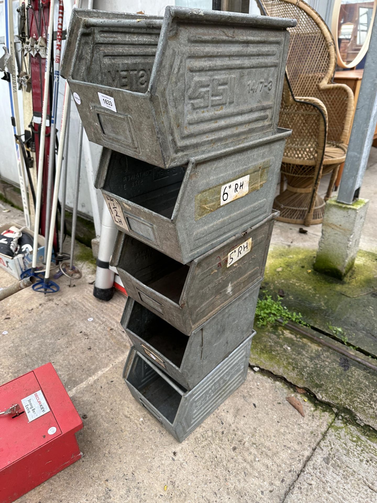 FIVE GALVANISED STACKING LINBIN STYLE BOXES