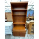 A RETRO TEAK OPEN BOOKCASE WITH CUPBOARDS TO BASE - 30 INCH WIDE