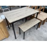 A MODERN WOOD EFFECT KITCHEN TABLE ON METAL FRAME WITH TWO BENCHES