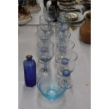 VARIOUS BLUE GLASS ITEMS TO INCLUDE GLASSES, BOWL AND BOTTLE