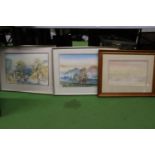 THREE FRAMED WATERCOLOURS, TWO OF COUNTRYSIDE SCENES, THE OTHER A BEACH SCENE, ALL SIGNED